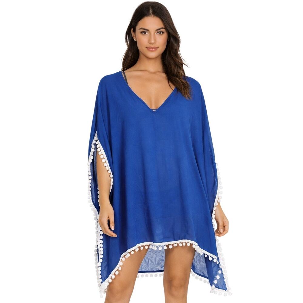 Adreamly Pom Pom Trim Kaftan Beach Cover Up Blue NWT One Size